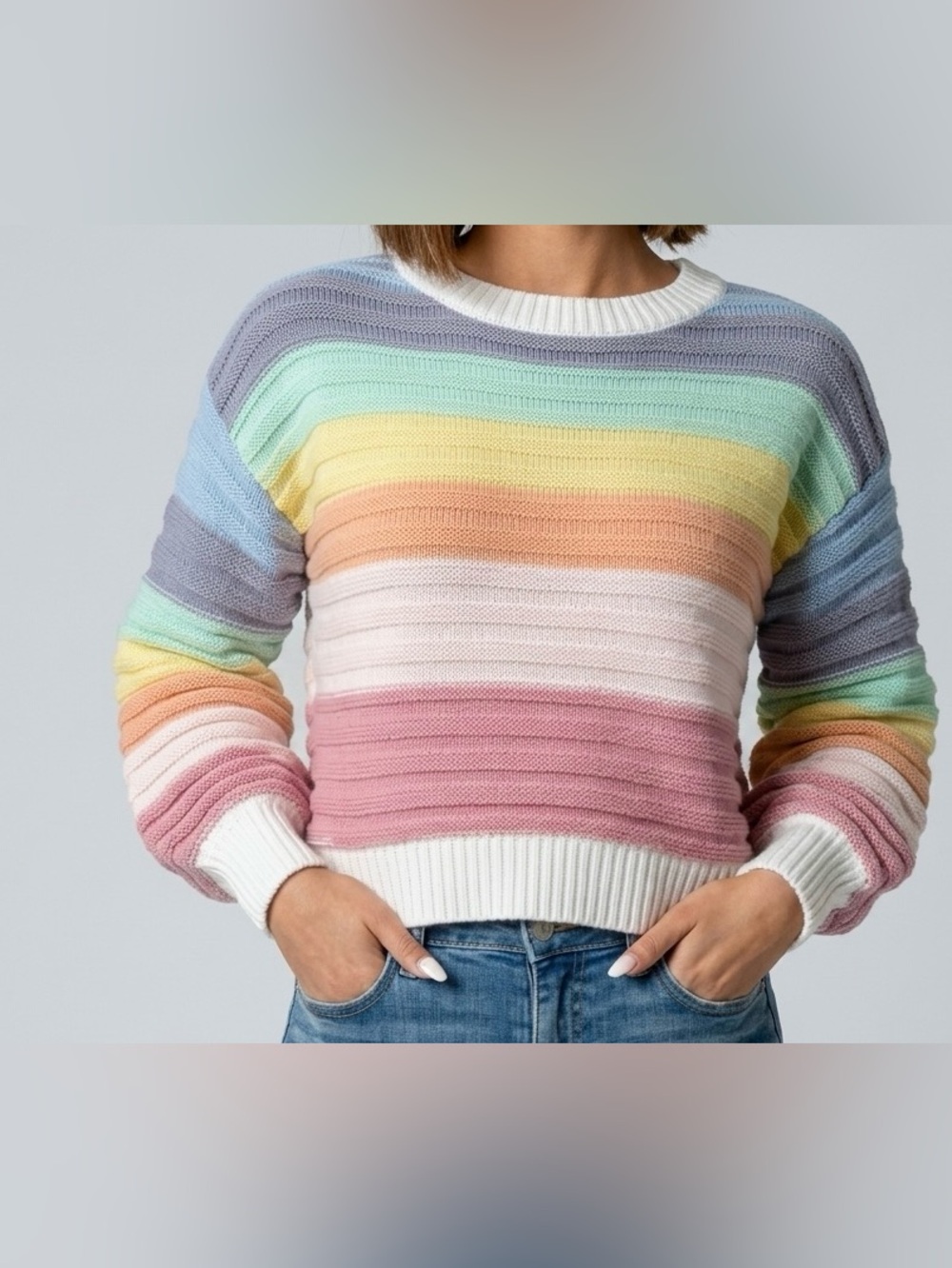 Pastel Rainbow Ribbed Cropped Crewneck Sweater - Multicolor with balloon sleeves
